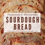 Slices of pepperoni and mozzarella sourdough bread lined up on a wood cutting board.