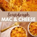 Three bowls of sourdough mac and cheese next to a cream cloth napkin and a gold fork.