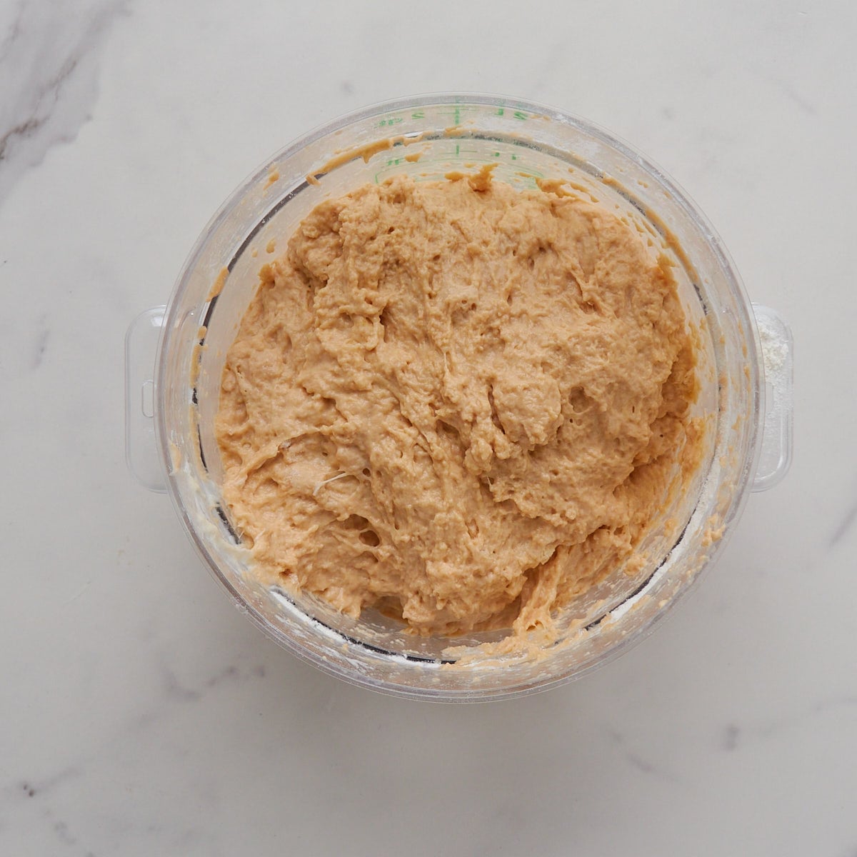 Dough for Carrot Cake Sourdough Bread mixed together in a round container.