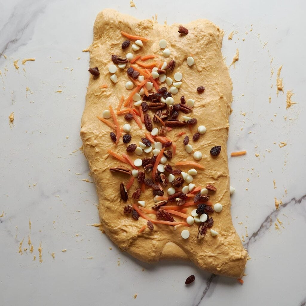 Lamination for carrot cake sourdough bread with shredded carrots, pecans, raisins, and cream cheese chips being added after folding the dough.