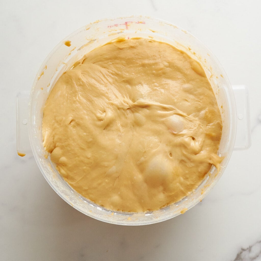 Dough for carrot cake sourdough bread in a clear round container.