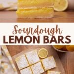 Sourdough Lemon Bars cut into squares on brown parchment paper next to two lemon slices. and three lemon bars stacked on top of each other.