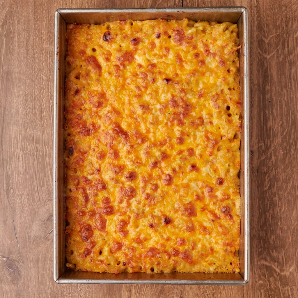Freshly baked sourdough mac and cheese in a 9x13 pan.