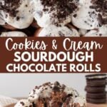 One Cookies and Cream Sourdough Chocolate Roll on a brown plate with a bite taken out of it.