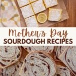 Sourdough Lemon Bars on parchment paper and slices of Sourdough Cinnamon Raisin Bread