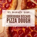 Two pepperoni pizzas and slices of pepperoni pizza made from sourdough discard pizza dough on brown parchment paper.