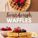 Sourdough waffles with blueberries and strawberries on top with one overhead view and one side view.