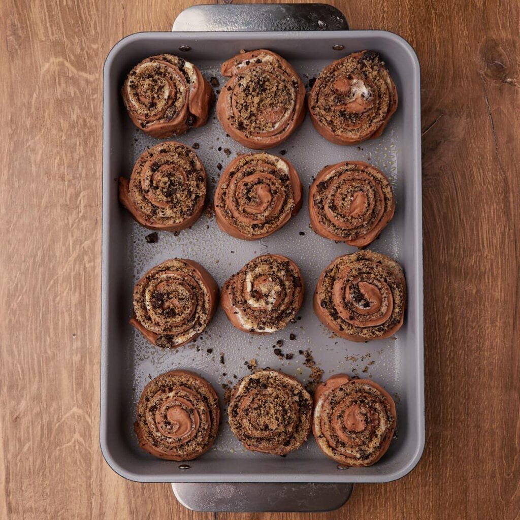 Cookies and Cream Sourdough Chocolate Rolls in a 9x13 pan before the second rise.