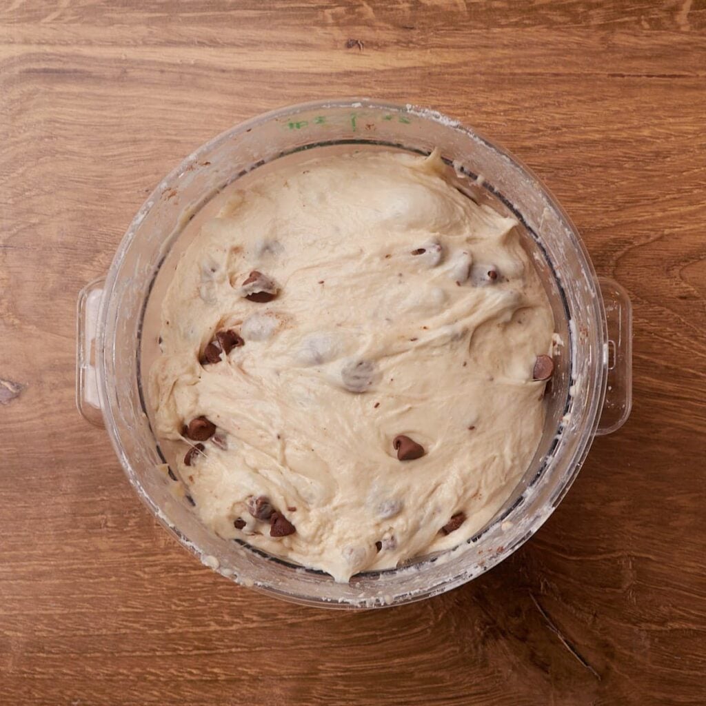 Dough for S'mores Sourdough Bread in a round container before bulk fermentation.