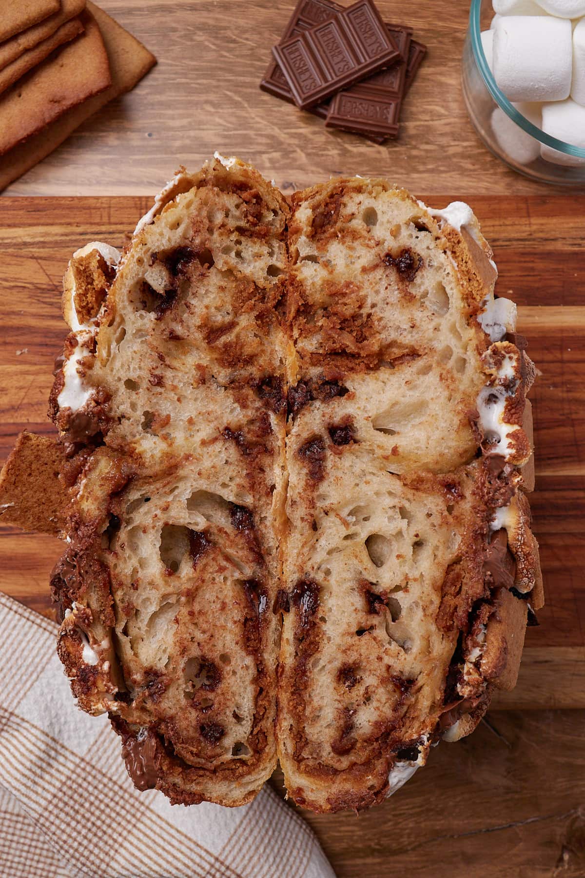 S'more Sourdough Bread cut in half to see the inside crumb.
