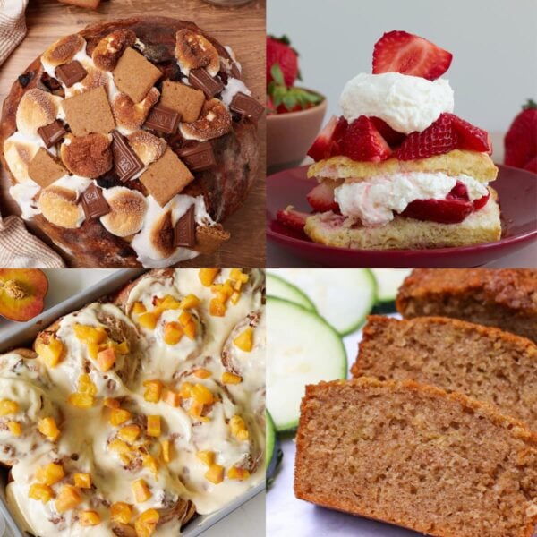 Sourdough S'mores Bread, Sourdough Strawberry Shortcake, Sourdough Peach Cobbler Cinnamon Rolls. Sourdough Zucchini Bread.