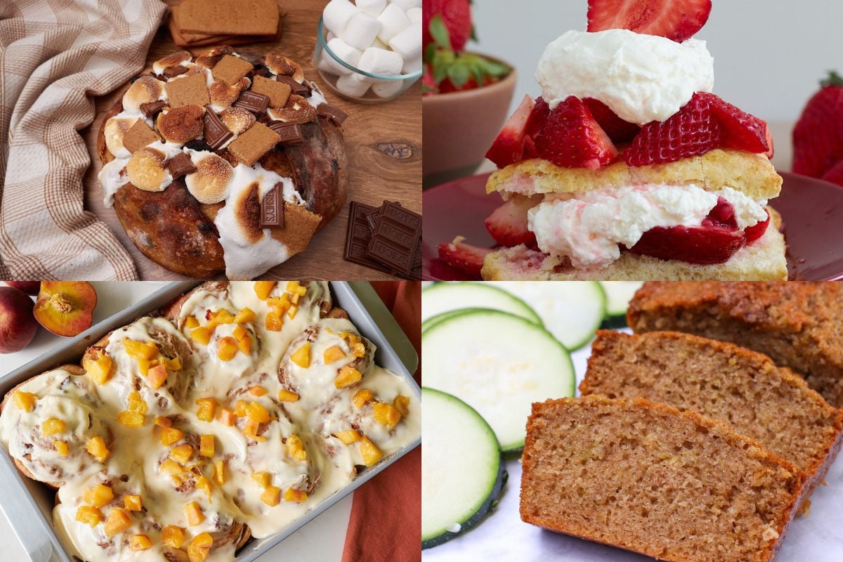 Sourdough S'mores Bread, Sourdough Strawberry Shortcake, Sourdough Peach Cobbler Cinnamon Rolls. Sourdough Zucchini Bread. 