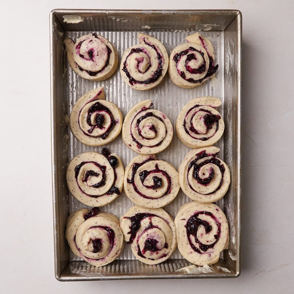 Lemon Blueberry Sourdough Rolls in a 9x13 pan before second rise.