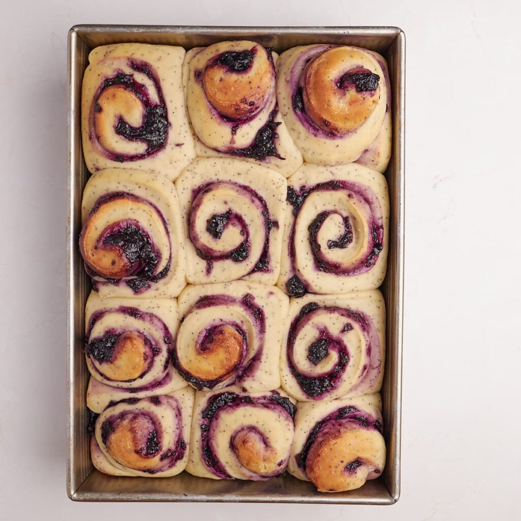 Lemon Blueberry Sourdough Rolls in a 9x13 pan, freshly baked.