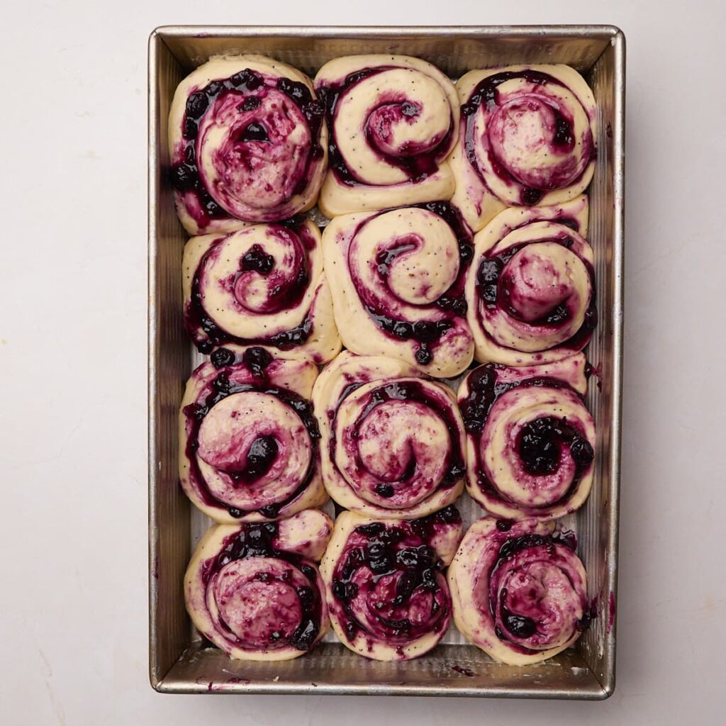 Blueberry Lemon Sourdough Rolls in a 9x13 pan after the second rise.