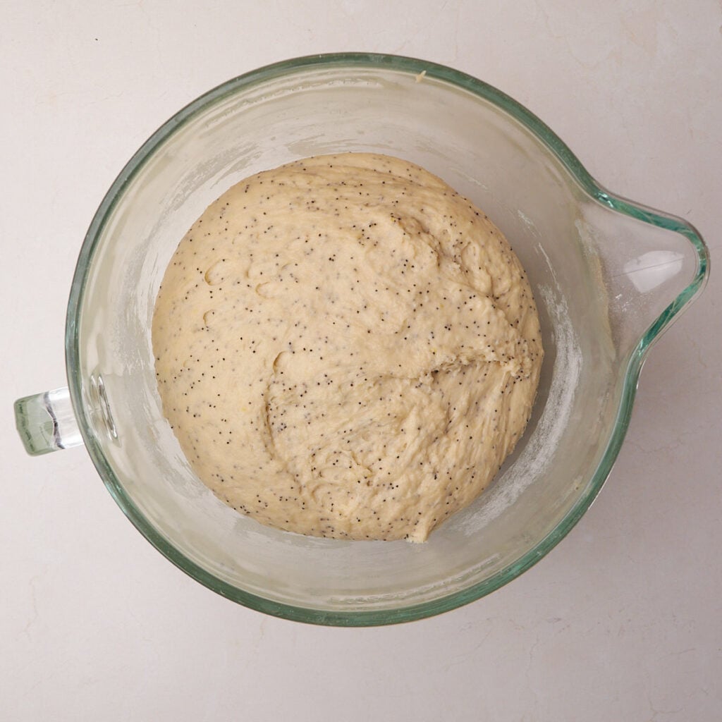 Dough for Lemon Blueberry Sourdough Rolls in a clear bowl after first rise.