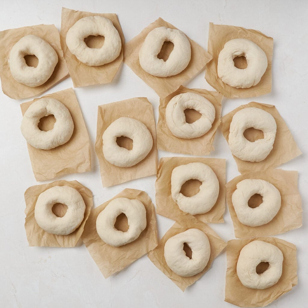 Sourdough discard bagel dough shaped into round circles on parchment paper squares.