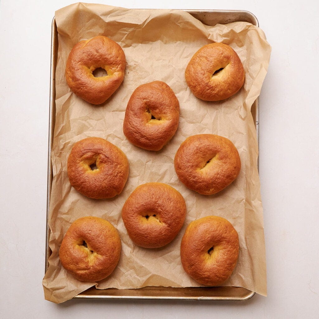 Freshly baked sourdough discard bagels on a sheet pan.