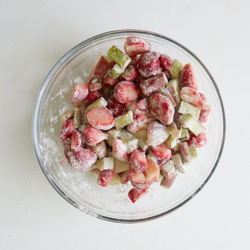 Strawberries and rhubarb mixed with sugar and corn starch.