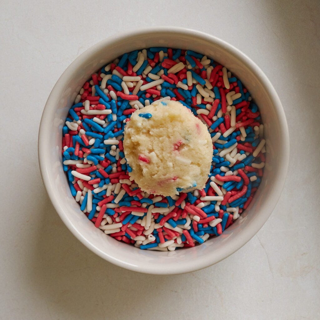 One dough ball added to a bowl of sprinkles to coat the outside for Sourdough Sprinkle Cookies.