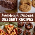 Sourdough discard chocolate cake, Sourdough Discard Peanut butter Cookies, Sourdough Discard Strawberry Rhubarb Pie, Sourdough Discard Baked Chocolate Donuts.