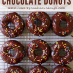 Baked sourdough chocolate donuts on a wire rack pin for Pinterest.