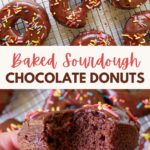 Baked sourdough chocolate donuts on a wire rack and a donut with a bite taken out of it.