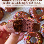 Baked sourdough chocolate donut being held with a bite taken out of it as a pin.