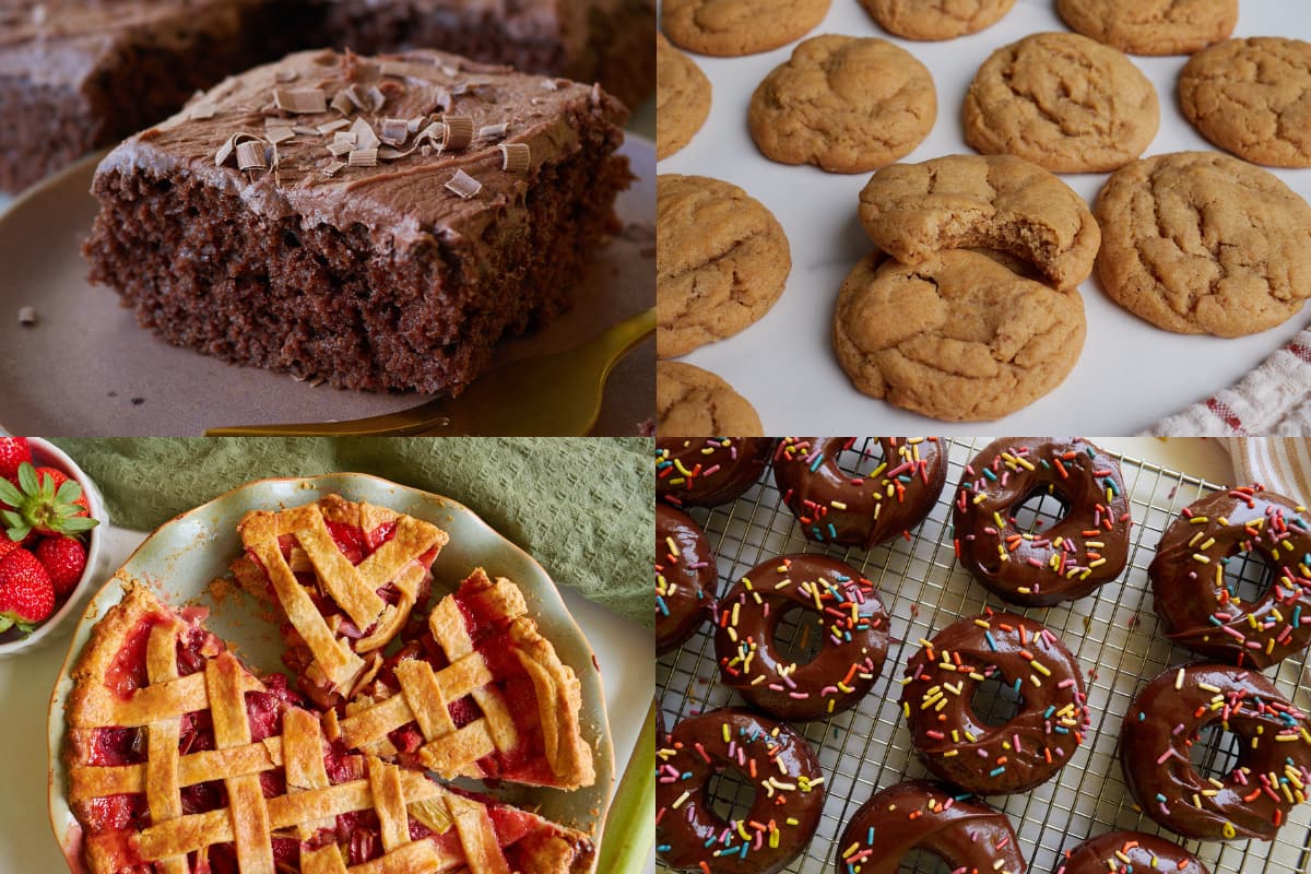 Sourdough discard chocolate cake, Sourdough Discard Peanut butter Cookies, Sourdough Discard Strawberry Rhubarb Pie, Sourdough Discard Baked Chocolate Donuts.