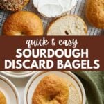 Sourdough discard bagels on a cooling rack with one sliced open and cream cheese on top.