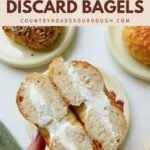 A hand holding a sourdough discard bagel with cream cheese cut in half.