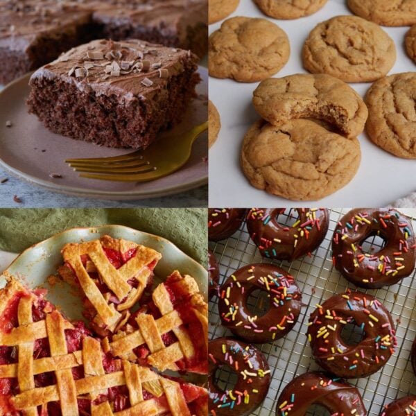 Sourdough discard chocolate cake, Sourdough Discard Peanut butter Cookies, Sourdough Discard Strawberry Rhubarb Pie, Sourdough Discard Baked Chocolate Donuts.