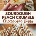 A hand holding a Sourdough Peach Crumble Cheesecake Bar over a cutting board with the remaining bars.