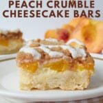 One Sourdough Peach Crumble Cheesecake Bar on a white plate.
