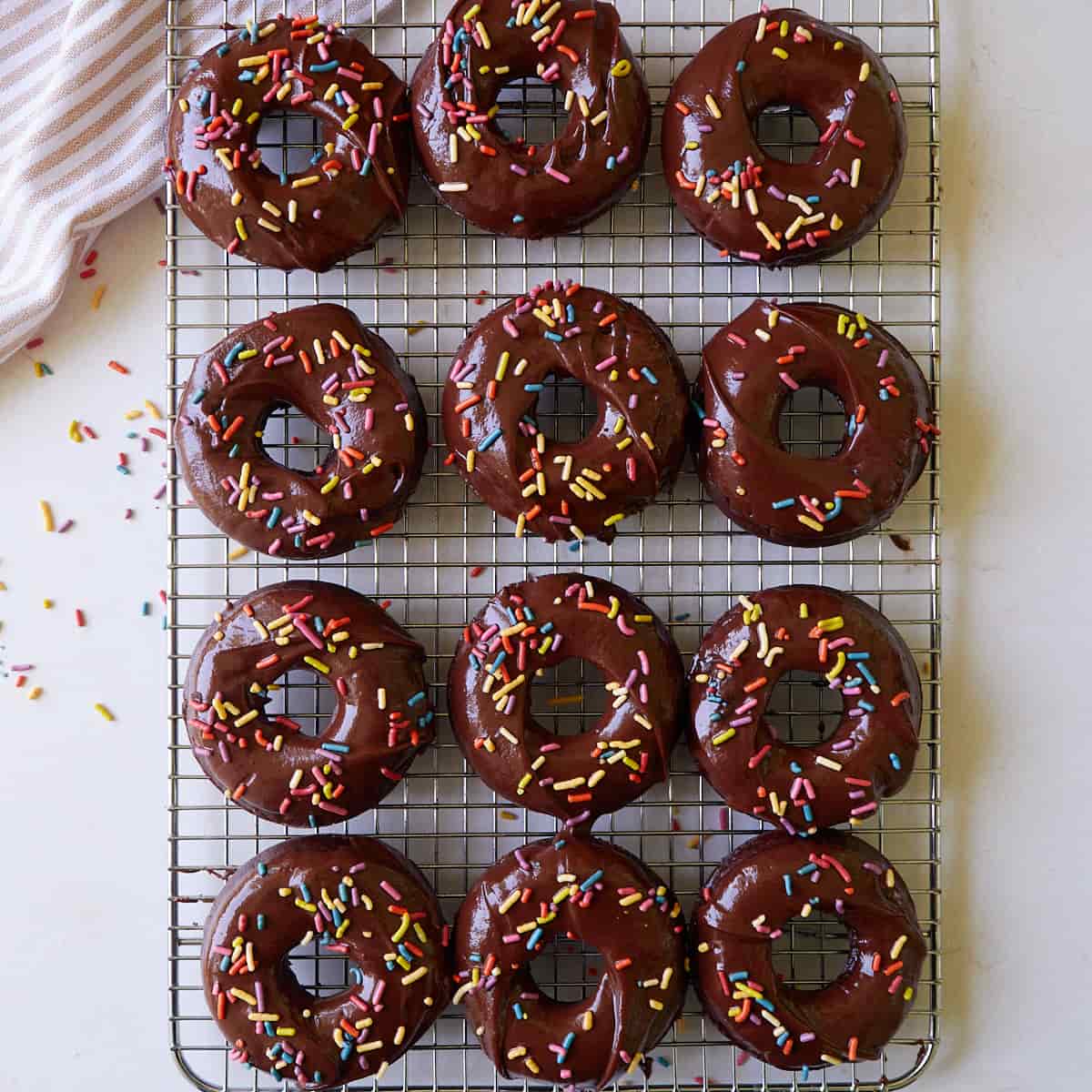 One dozen baked sourdough chocolate donuts with chocolate icing and sprinkles on a wire rack.
