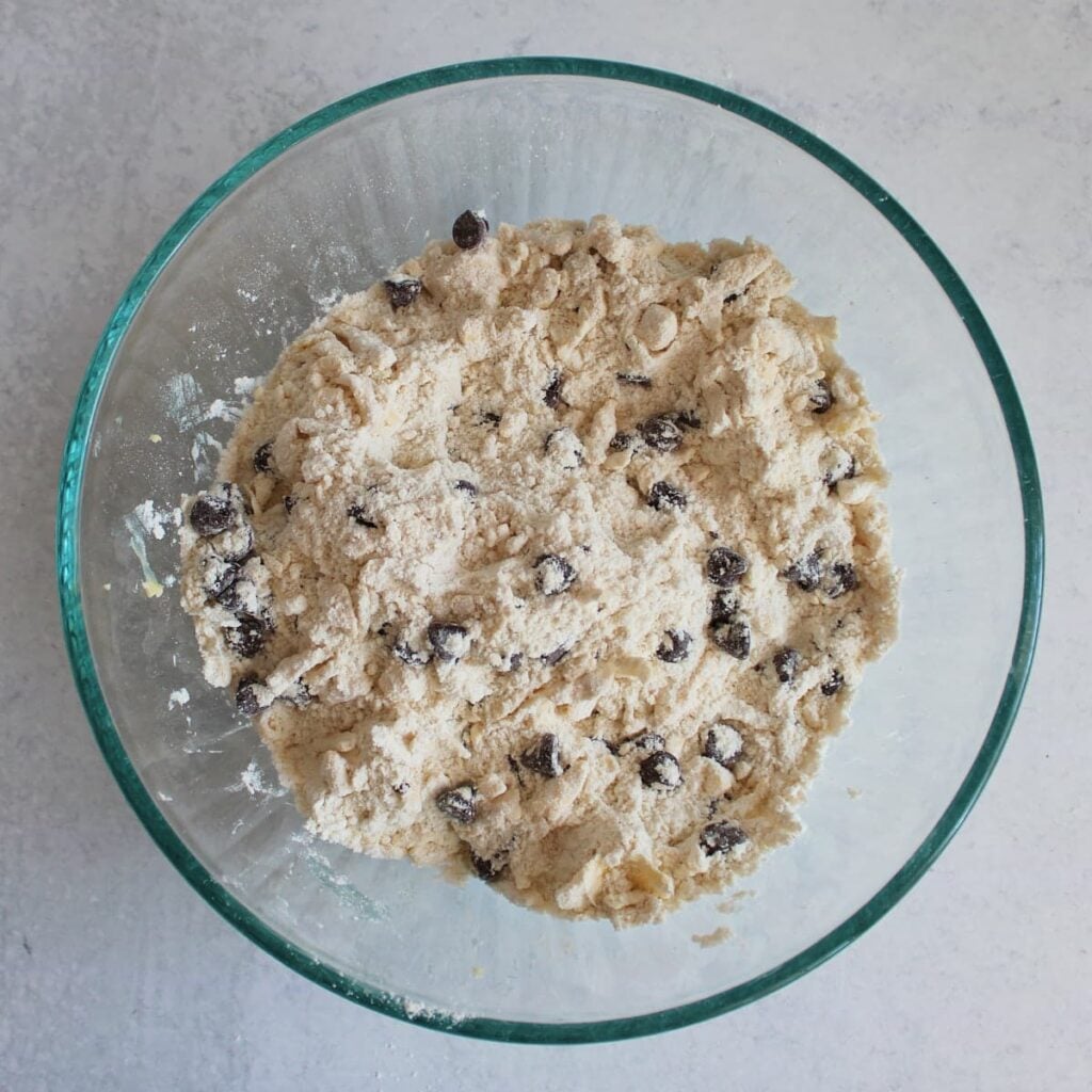 Chocolate chips added to the dry ingredients and butter for scones.