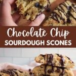 A hand holding a Chocolate Chip Sourdough Scone cut in half and three scones stacked on top of each other.
