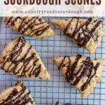 Sourdough Chocolate Chip Scones with a chocolate drizzle on a wire cooling rack.