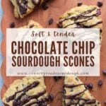 Chocolate Chip Sourdough Scones on a wooden cutting board with chocolate chips scattered around,