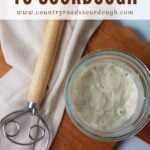Sourdough starter in a jar next to a danish dough whisk.