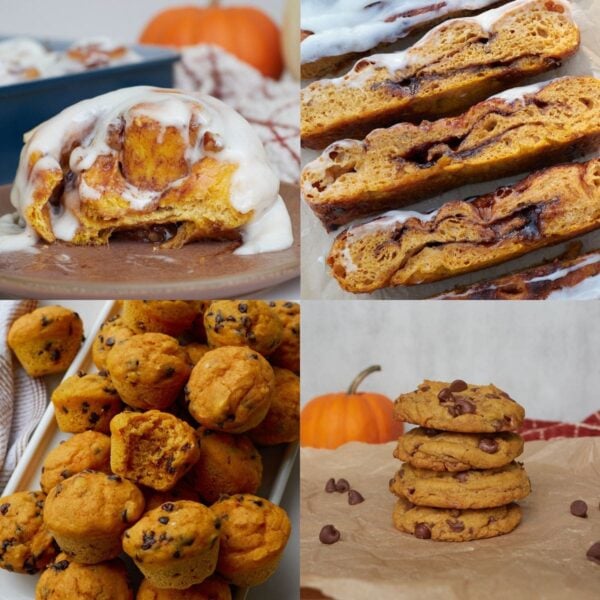 Sourdough Pumpkin Cinnamon Rolls, Sourdough Pumpkin Cinnamon Roll Focaccia, Sourdough Pumpkin Mini Muffins, Sourdough Pumpkin Chocolate Chip Cookies.