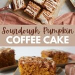 Sourdough Pumpkin Coffee Cake sliced into squares on parchment paper with a wooden handle serving spatula and three slices placed on a plate.