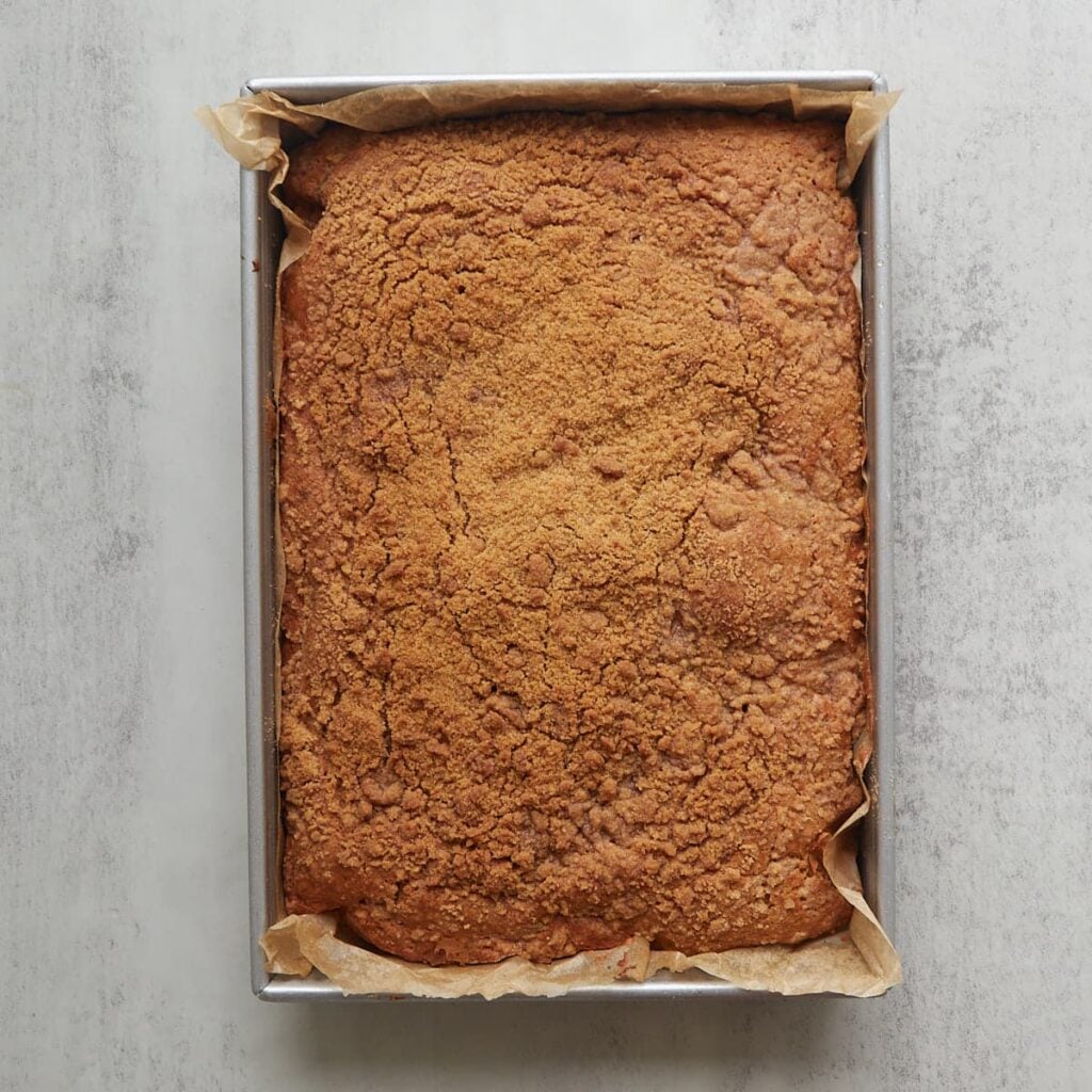 Freshly baked Sourdough Pumpkin Coffee Cake in a 9x13 pan.