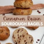 Three cinnamon raisin sourdough bagels stacked on top of each other.