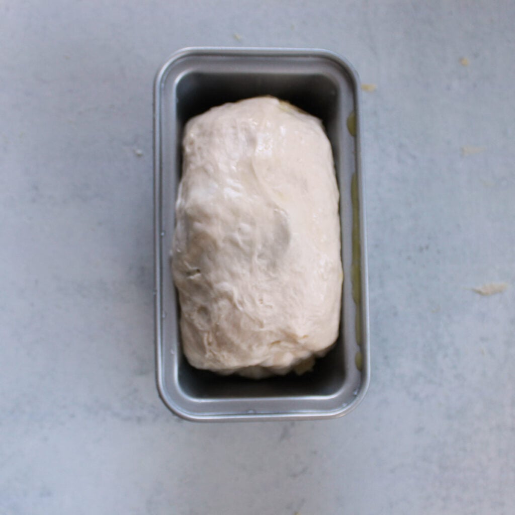 Sourdough mini bread loaf dough shaped and added to a mini loaf pan.