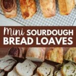 4 Sourdough Mini Bread Loaves sliced with cinnamon sugar, plain, cheese, and jalapeño cheddar mix-ins and four loaves on a wire rack.