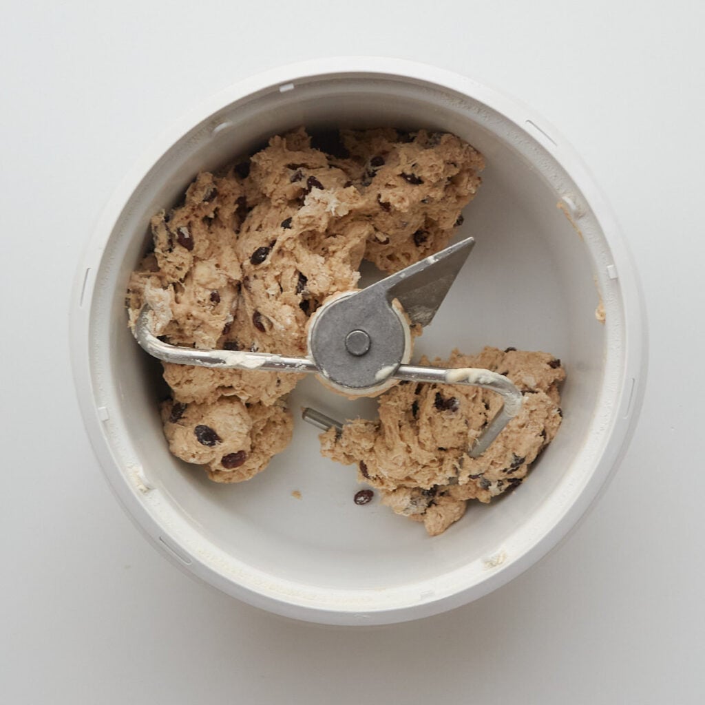 Dough for Cinnamon Raisin Sourdough Bagels in a mixer.